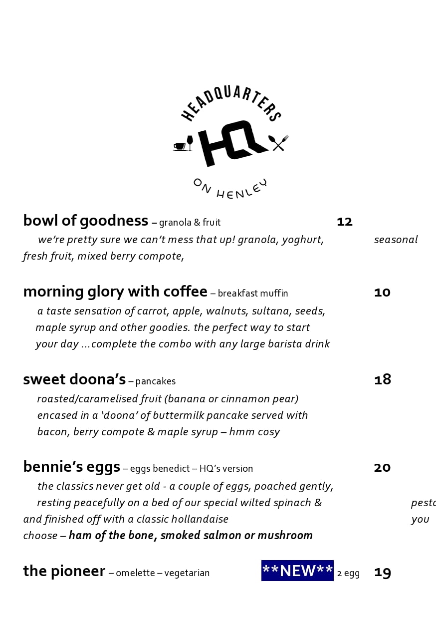 Menu HQ On Henley